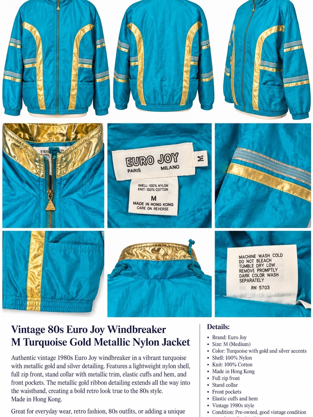 Vintage 80s Euro Joy Windbreaker
M Turquoise Gold Metallic Nylon Jacket